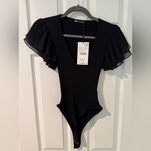 Zara Black Ribbed Bodysuit with Ruffle Sleeves